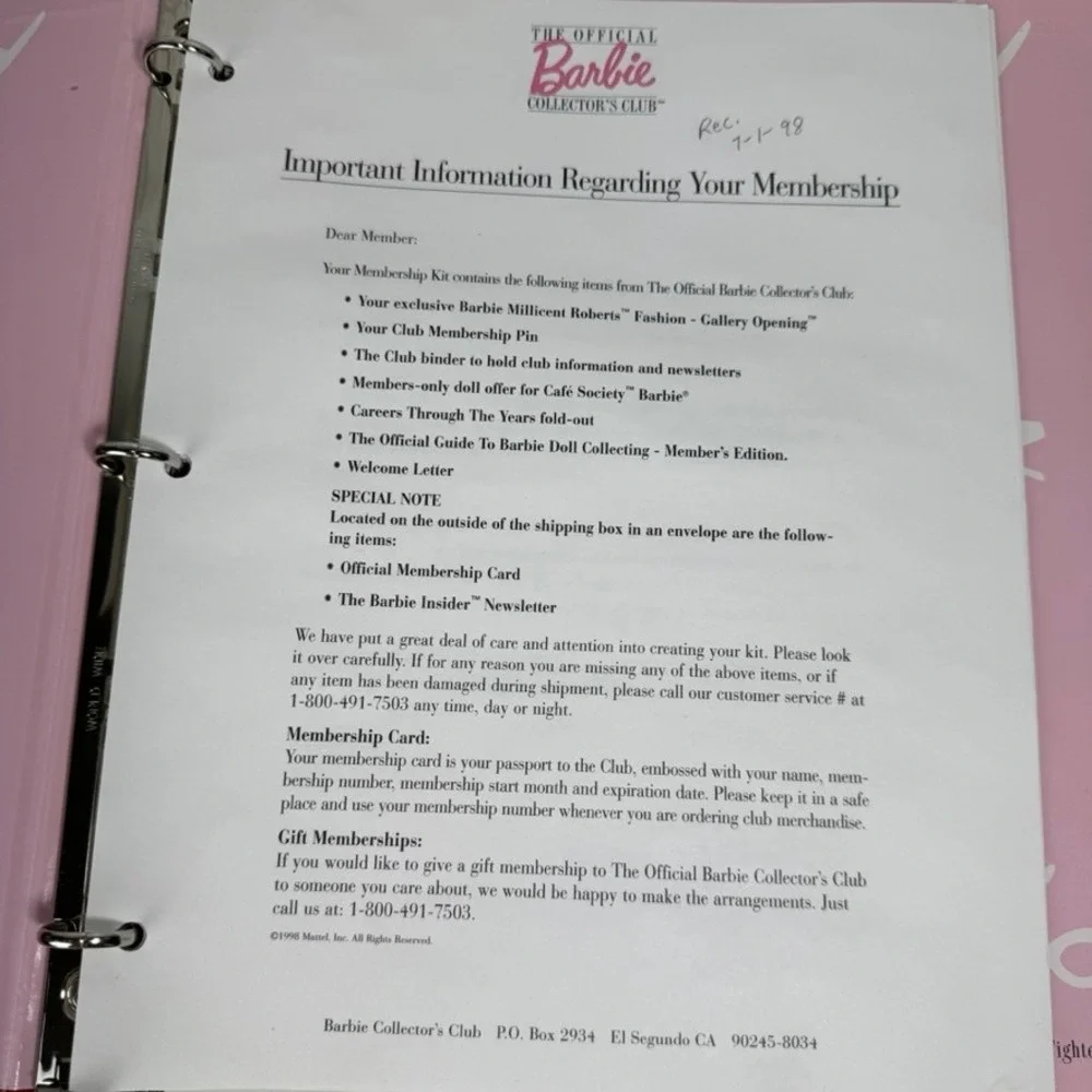 Vintage 1997 Official Barbie Collector Club Second Edition Binder Newsletters